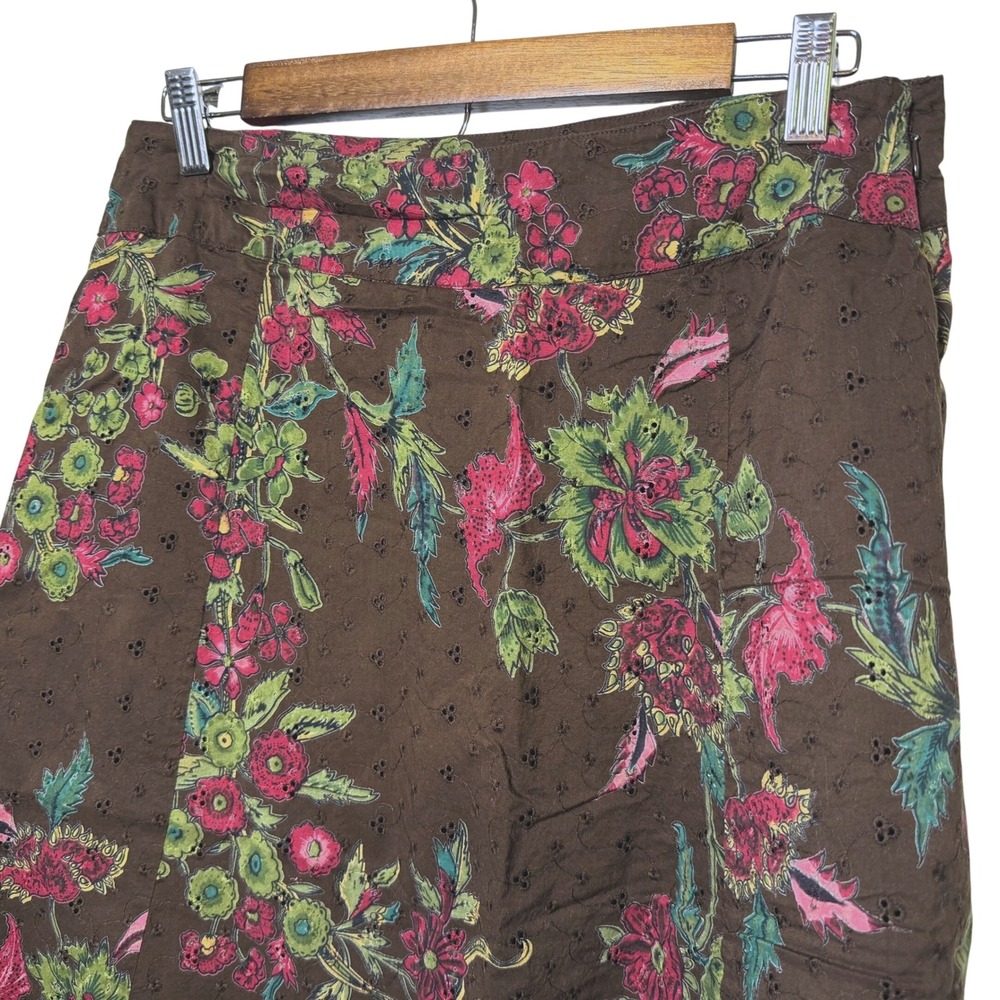Provence d'Amour Brown Floral Eyelet Cotton A-Line Midi Skirt Crochet Trim Sz 10